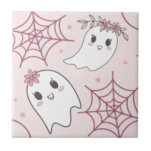 Cute Halloween Ghost & Spiderweb Pattern (2) Ceramic Tile