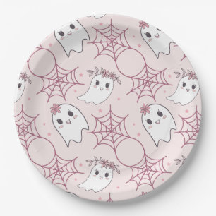 Cute Halloween Ghost & Spiderweb Pattern (2) Paper Plate