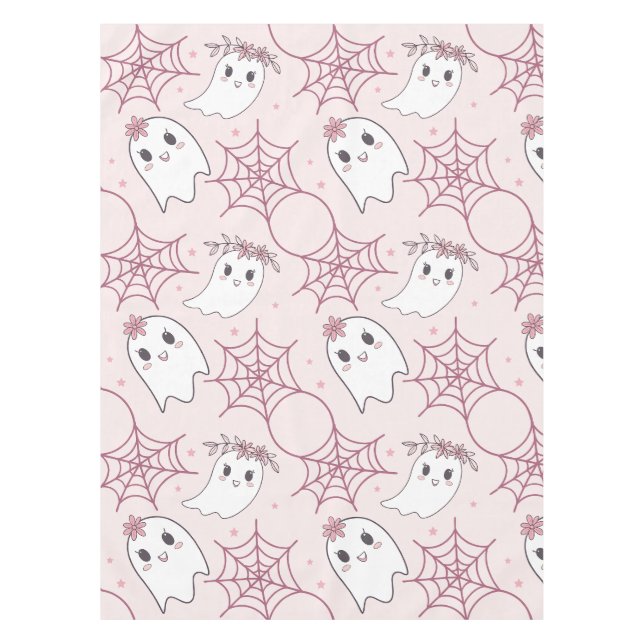 Cute Halloween Ghost & Spiderweb Pattern (2) Tablecloth (Front)