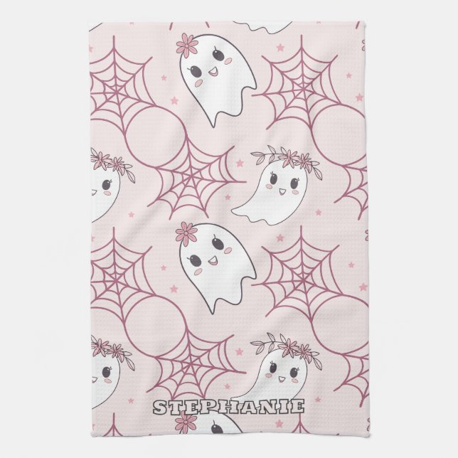 Cute Halloween Ghost & Spiderweb Pattern (2) Tea Towel (Vertical)