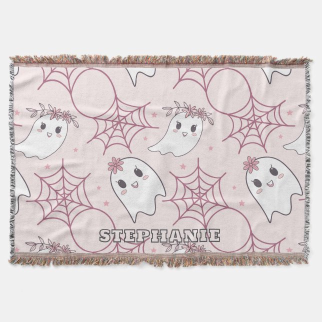 Cute Halloween Ghost & Spiderweb Pattern (2) Throw Blanket (Front)
