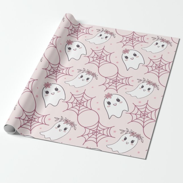 Cute Halloween Ghost & Spiderweb Pattern (2) Wrapping Paper (Unrolled)
