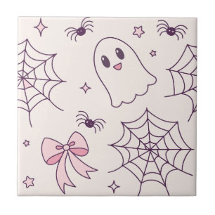 Cute Halloween Ghost & Spiderweb Pattern Ceramic Tile