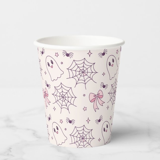 Cute Halloween Ghost & Spiderweb Pattern Paper Cups (Front)