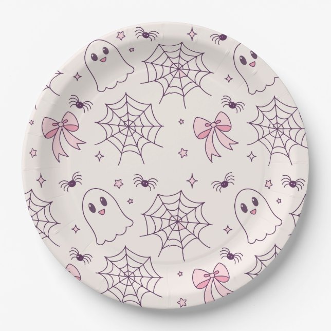 Cute Halloween Ghost & Spiderweb Pattern Paper Plate (Front)