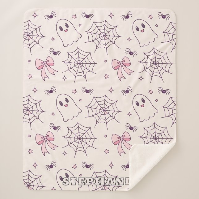 Cute Halloween Ghost & Spiderweb Pattern Sherpa Blanket (Front)