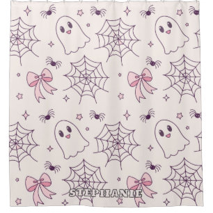 Cute Halloween Ghost & Spiderweb Pattern Shower Curtain