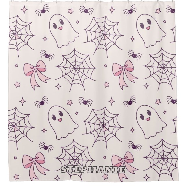 Cute Halloween Ghost & Spiderweb Pattern Shower Curtain (Front)