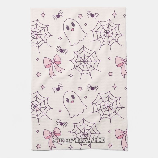 Cute Halloween Ghost & Spiderweb Pattern Tea Towel (Vertical)