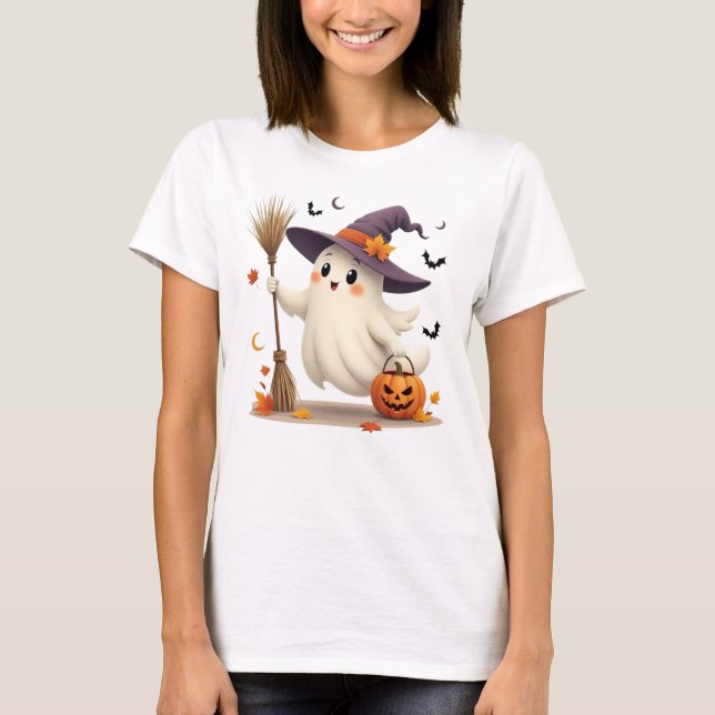 Cute Halloween Ghost Witch T-Shirt (Front)