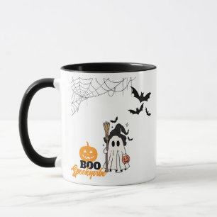 Cute Halloween Ghost Witch with Broom and Pumpkin Mug
