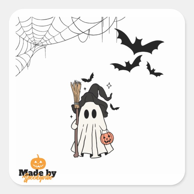 Cute Halloween Ghost Witch with Broom and Pumpkin  Square Sticker (Front)