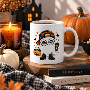 Cute Halloween Ghost with Coffee and Pumpkin Mug