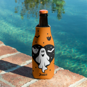 Cute Halloween Ghost With Heart And Bat Bottle Cooler