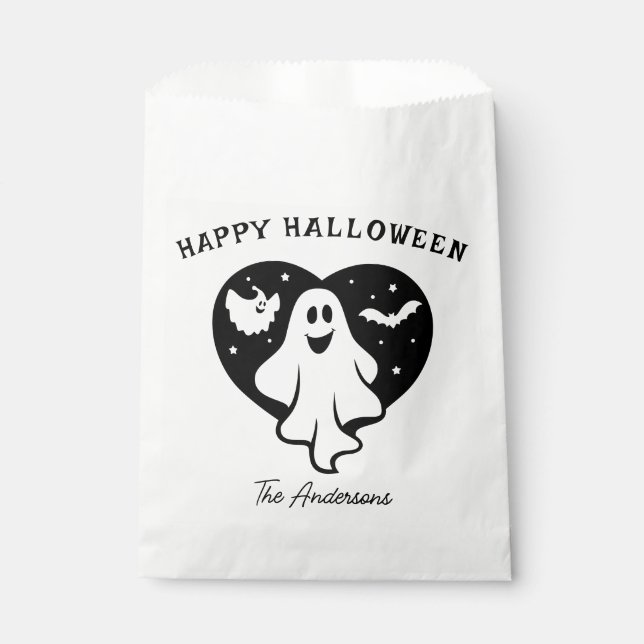 Cute Halloween Ghost With Heart And Bat Favour Bag (Front)