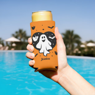 Cute Halloween Ghost With Heart And Bat Seltzer Can Cooler