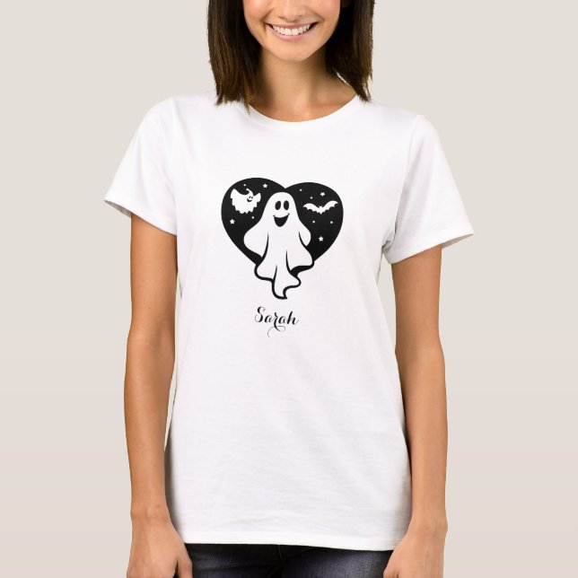Cute Halloween Ghost With Heart And Bat T-Shirt (Front)