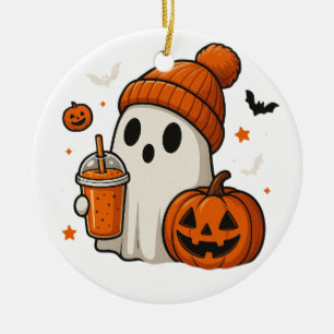 Cute Halloween Ghost with Pumpkin and Drink Ceramic Ornament