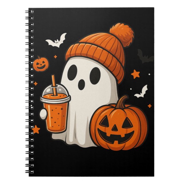 Cute Halloween Ghost with Pumpkin and Drink  Notebook (Front)