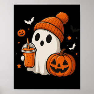 Cute Halloween Ghost with Pumpkin and Drink Poster