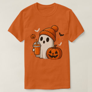 Cute Halloween Ghost with Pumpkin and Drink  T-Shirt
