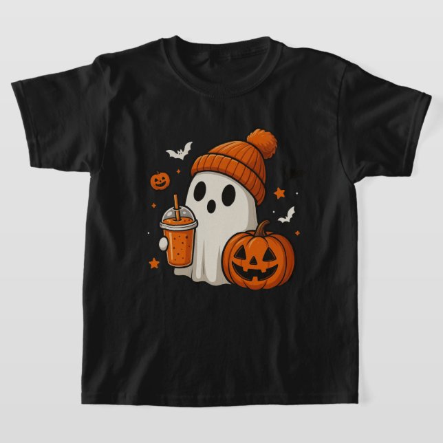 Cute Halloween Ghost with Pumpkin and Drink  T-Shirt (Laydown)