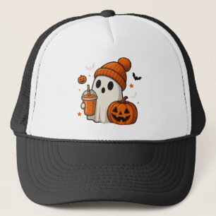 Cute Halloween Ghost with Pumpkin and Drink Trucker Hat