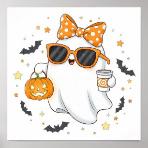 Cute Halloween Ghost with Pumpkin Poster