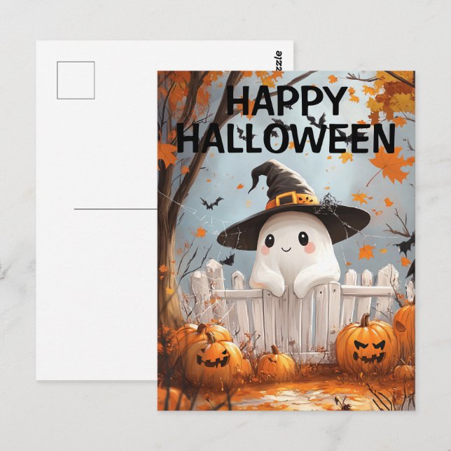 Cute Halloween Ghost with Pumpkins and Bats Postcard (Front/Back)