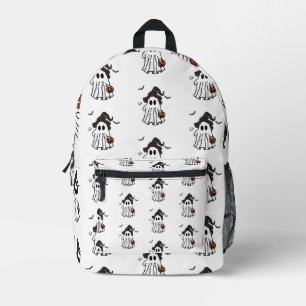 Cute Halloween Ghost with Witch Hat and Pumpkin Printed Backpack