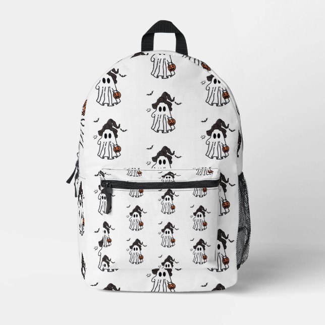 Cute Halloween Ghost with Witch Hat and Pumpkin Printed Backpack (Front)