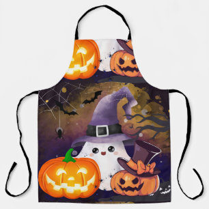 Cute Halloween Ghost with Witch Hat and Pumpkins Apron