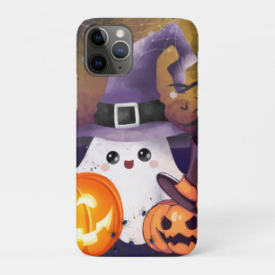 Cute Halloween Ghost with Witch Hat and Pumpkins iPhone 11 Pro Case
