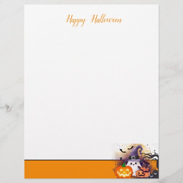 Cute Halloween Ghost with Witch Hat and Pumpkins Custom Letterhead (Front)