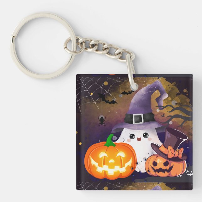 Cute Halloween Ghost with Witch Hat and Pumpkins Key Ring (Front)