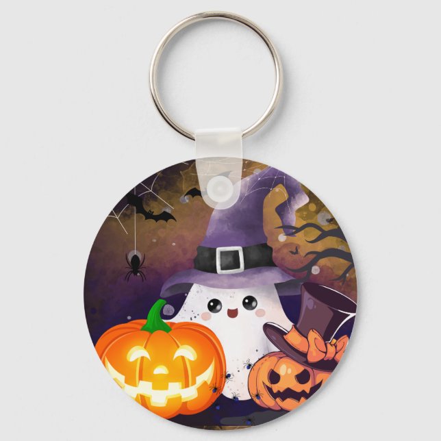 Cute Halloween Ghost with Witch Hat and Pumpkins Key Ring (Front)