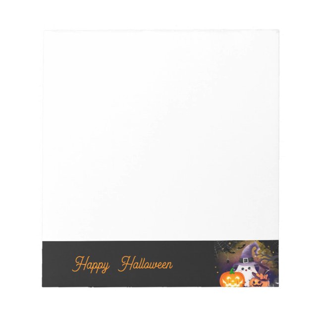 Cute Halloween Ghost with Witch Hat and Pumpkins Notepad (Front)