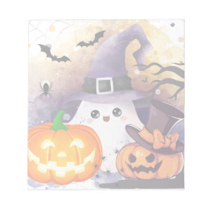 Cute Halloween Ghost with Witch Hat and Pumpkins Notepad