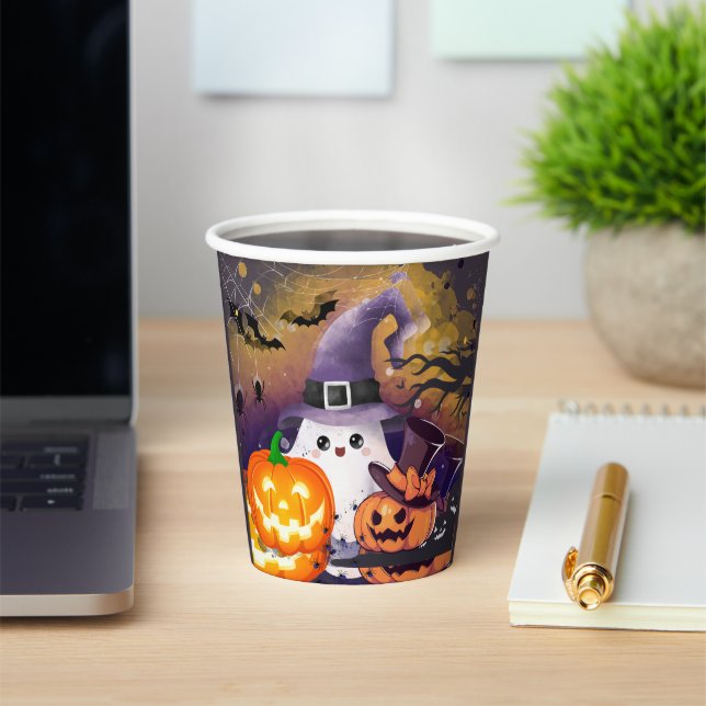 Cute Halloween Ghost with Witch Hat and Pumpkins Paper Cups (Insitu)