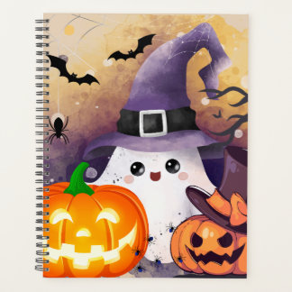 Cute Halloween Ghost with Witch Hat and Pumpkins Planner