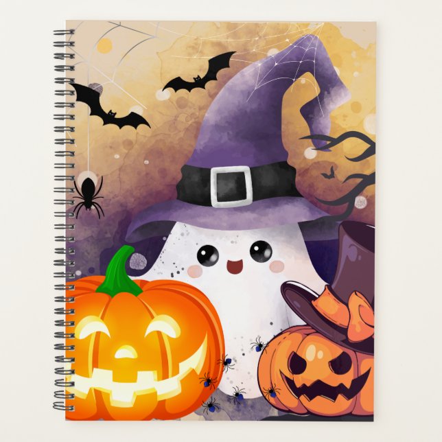 Cute Halloween Ghost with Witch Hat and Pumpkins Planner (Front)