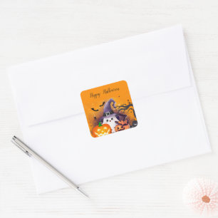 Cute Halloween Ghost with Witch Hat and Pumpkins Square Sticker
