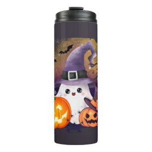 Cute Halloween Ghost with Witch Hat and Pumpkins Thermal Tumbler
