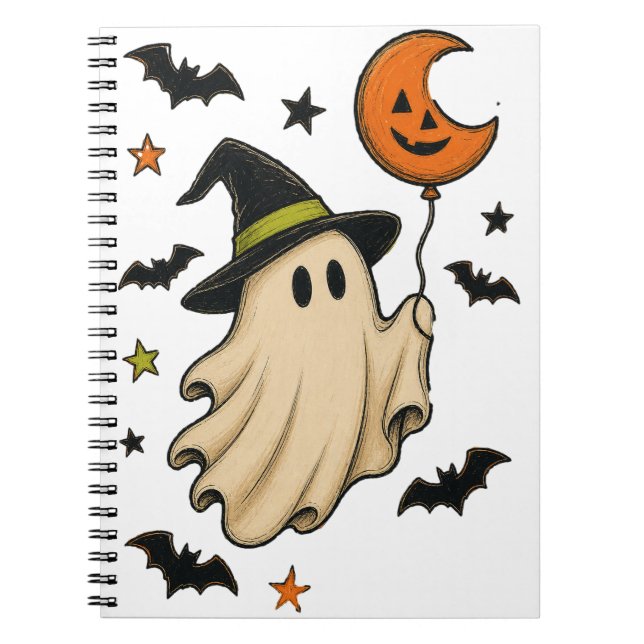 Cute Halloween Ghost with Witch Hat Notebook (Front)