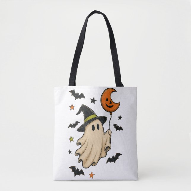 Cute Halloween Ghost with Witch Hat Tote Bag (Front)
