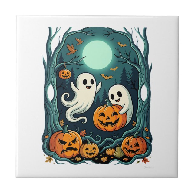 Cute Halloween Ghosts and Jack O Lantern Forest (2 Ceramic Tile (Front)