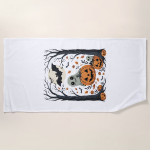 Cute Halloween Ghosts and Jack O Lantern Forest Beach Towel