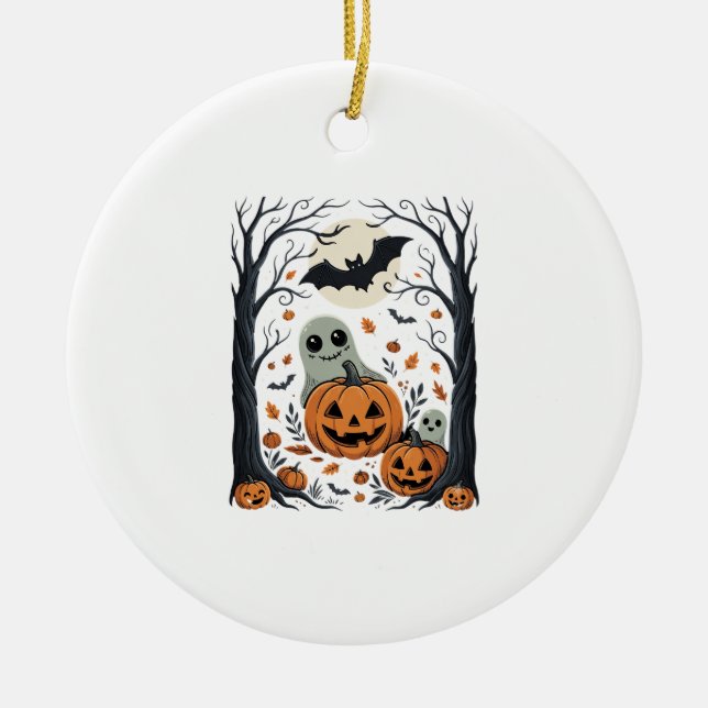 Cute Halloween Ghosts and Jack O Lantern Forest Ceramic Ornament (Front)