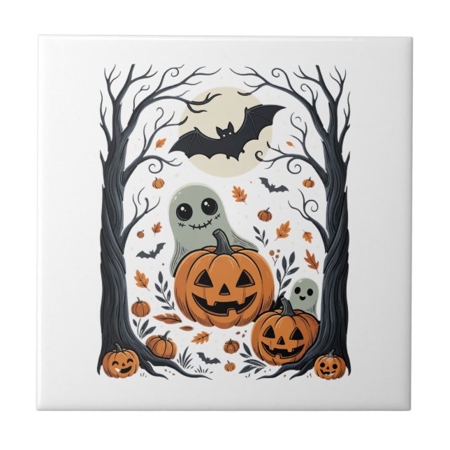Cute Halloween Ghosts and Jack O Lantern Forest Ceramic Tile (Front)