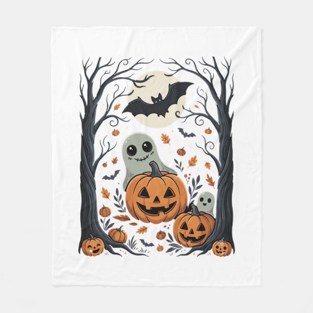 Cute Halloween Ghosts and Jack O Lantern Forest Fleece Blanket (Front)
